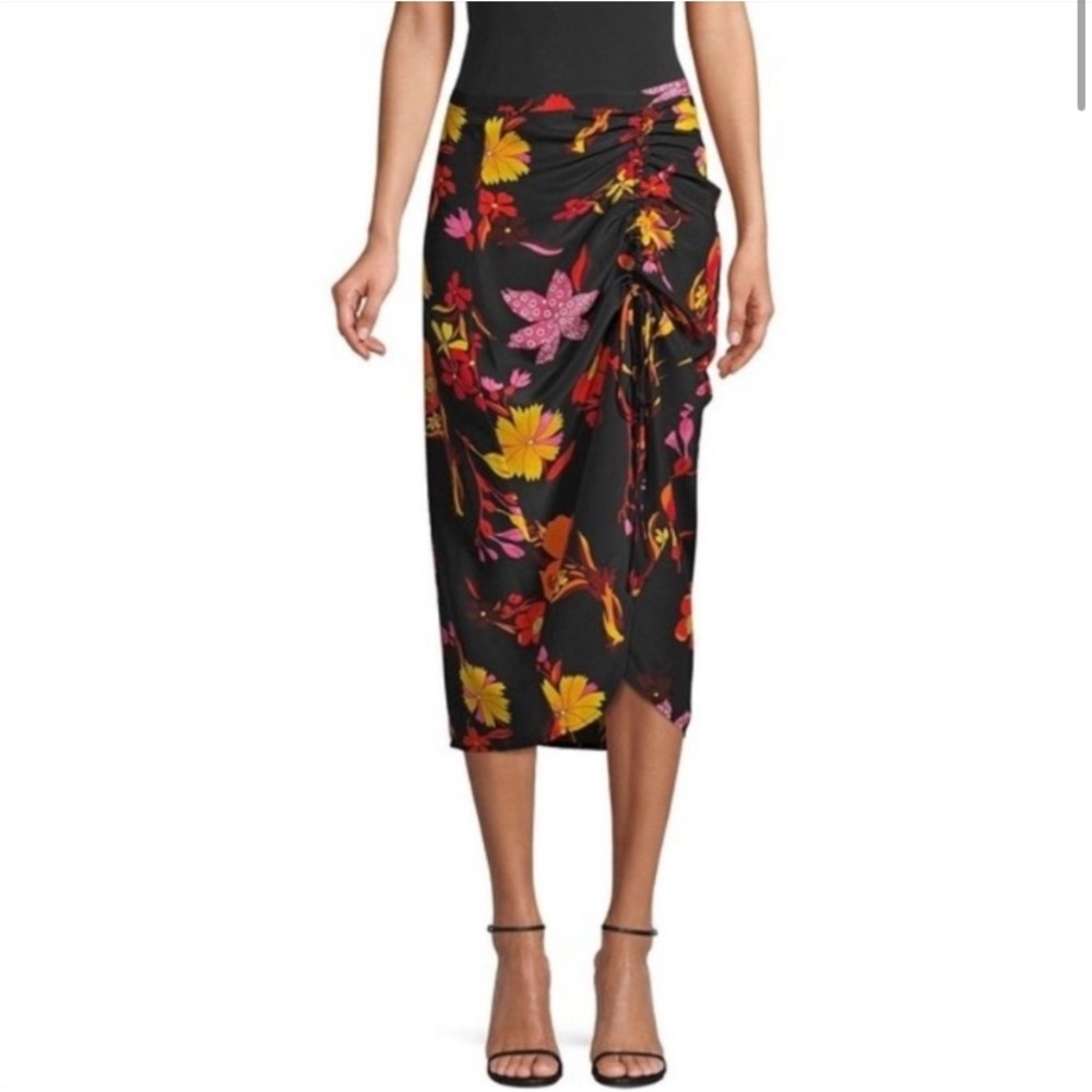 RIXO Floral Black 100% Silk Midi Skirt